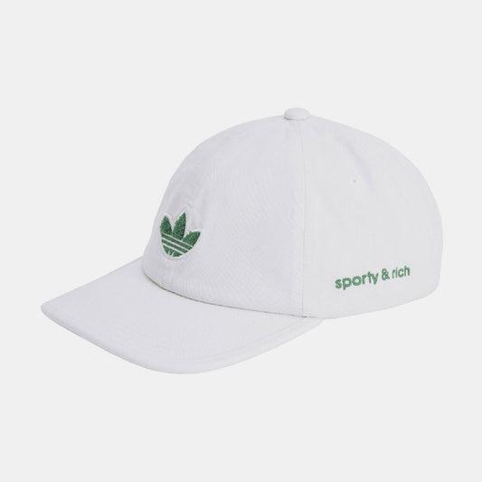 White baseball cap with green adidas trefoil and 'sporty & rich' lettering