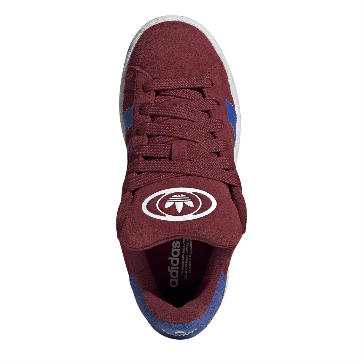 adidas Originals juniors sneaker top view in maroon with trefoil on tongue and blue lining