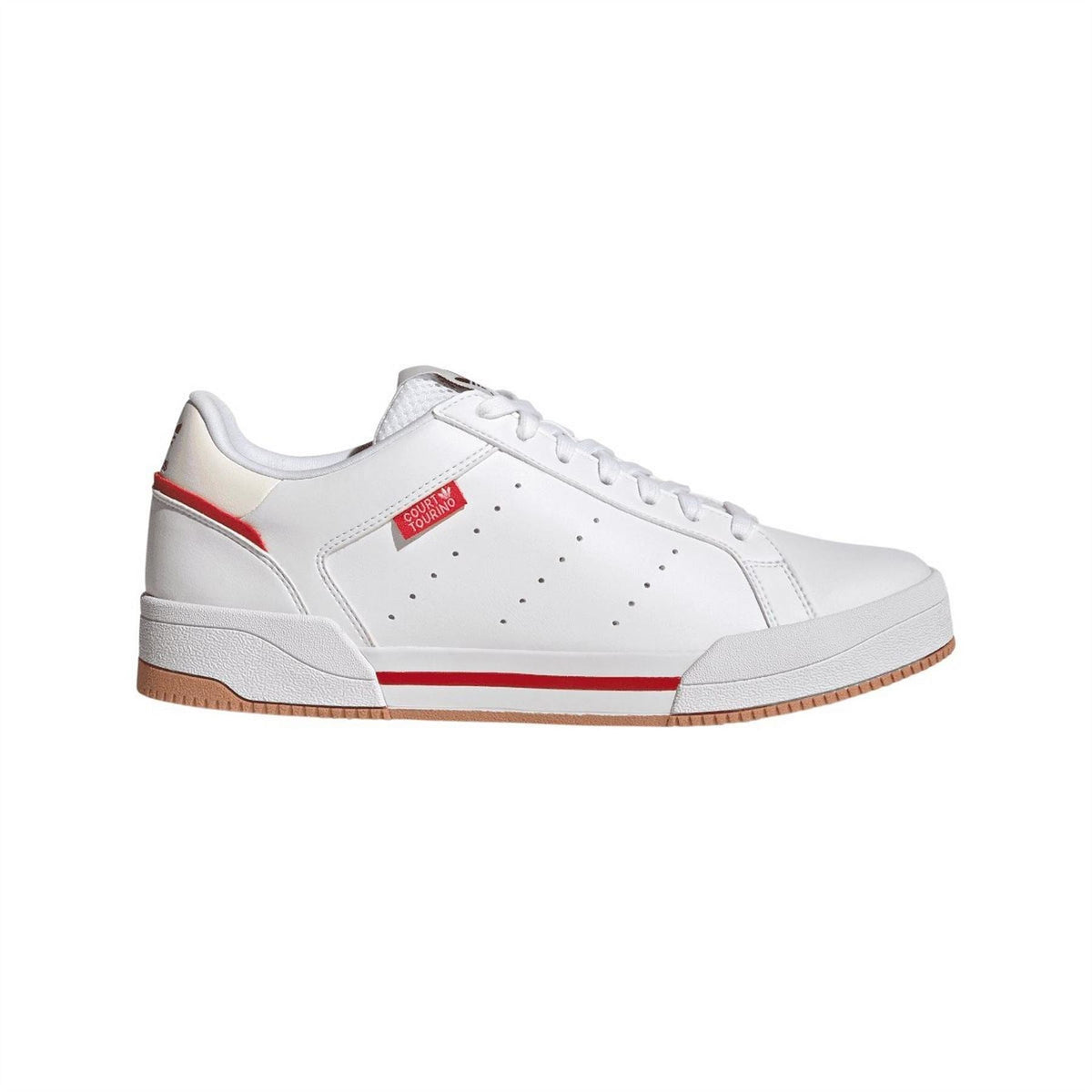 White adidas Tourino low-top trainers with perforated toe and red side stripe