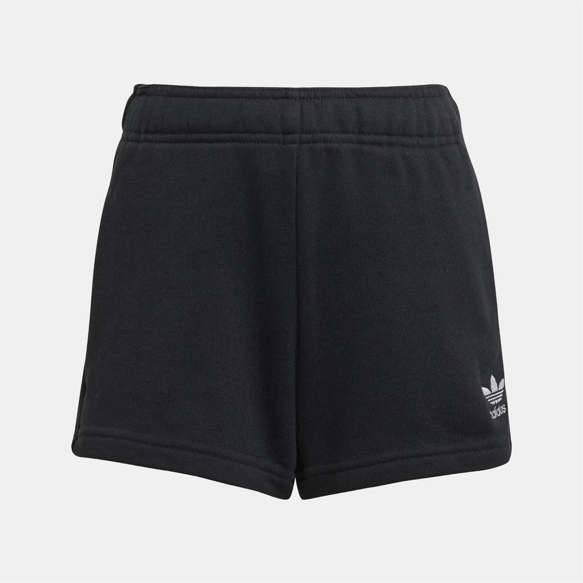 Black shorts with elastic waistband and small adidas Originals logo at right hem