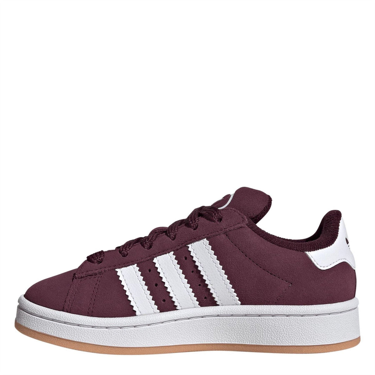 adidas Originals Campus 00s kids shoes, maroon suede with white 3-Stripes and white midsole.