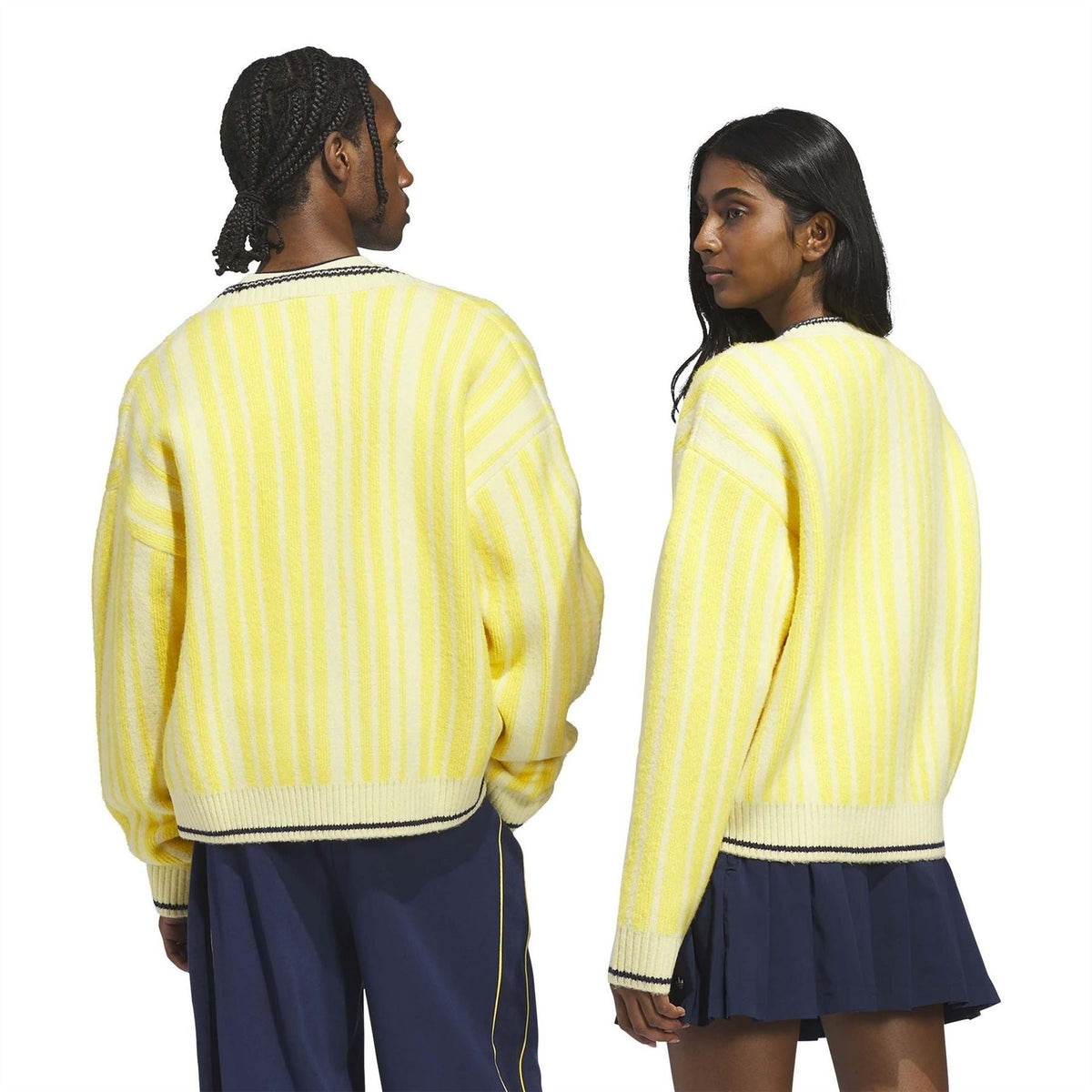 Yellow striped cardigan back view with navy trim and ribbed hem and cuffs.