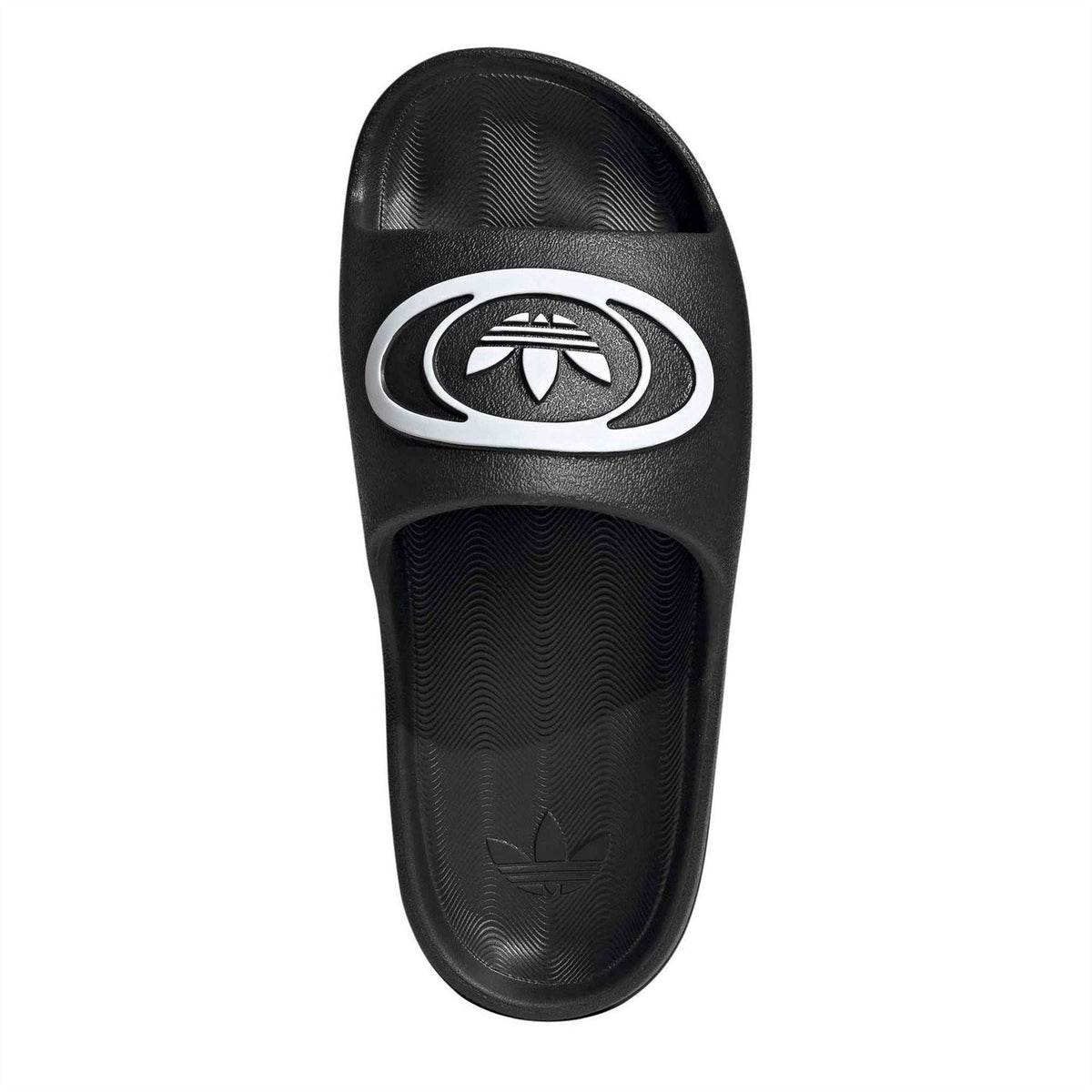 Black adidas slide sandals footbed with central white trefoil-style logo