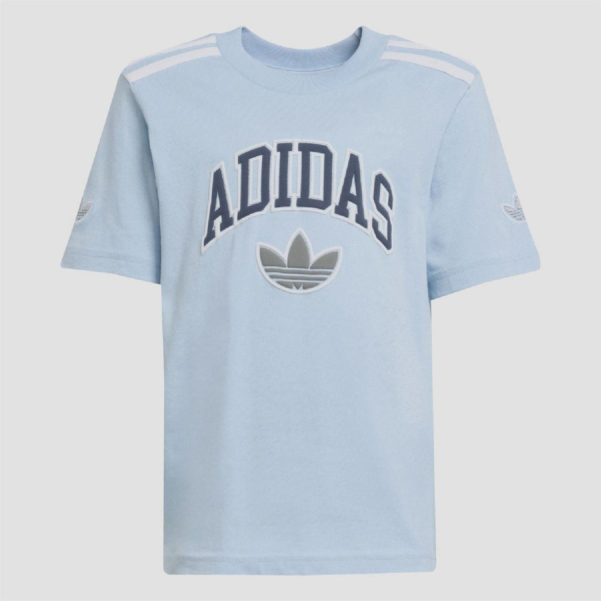 Sky blue kids T-shirt with adidas graphic and three shoulder stripes