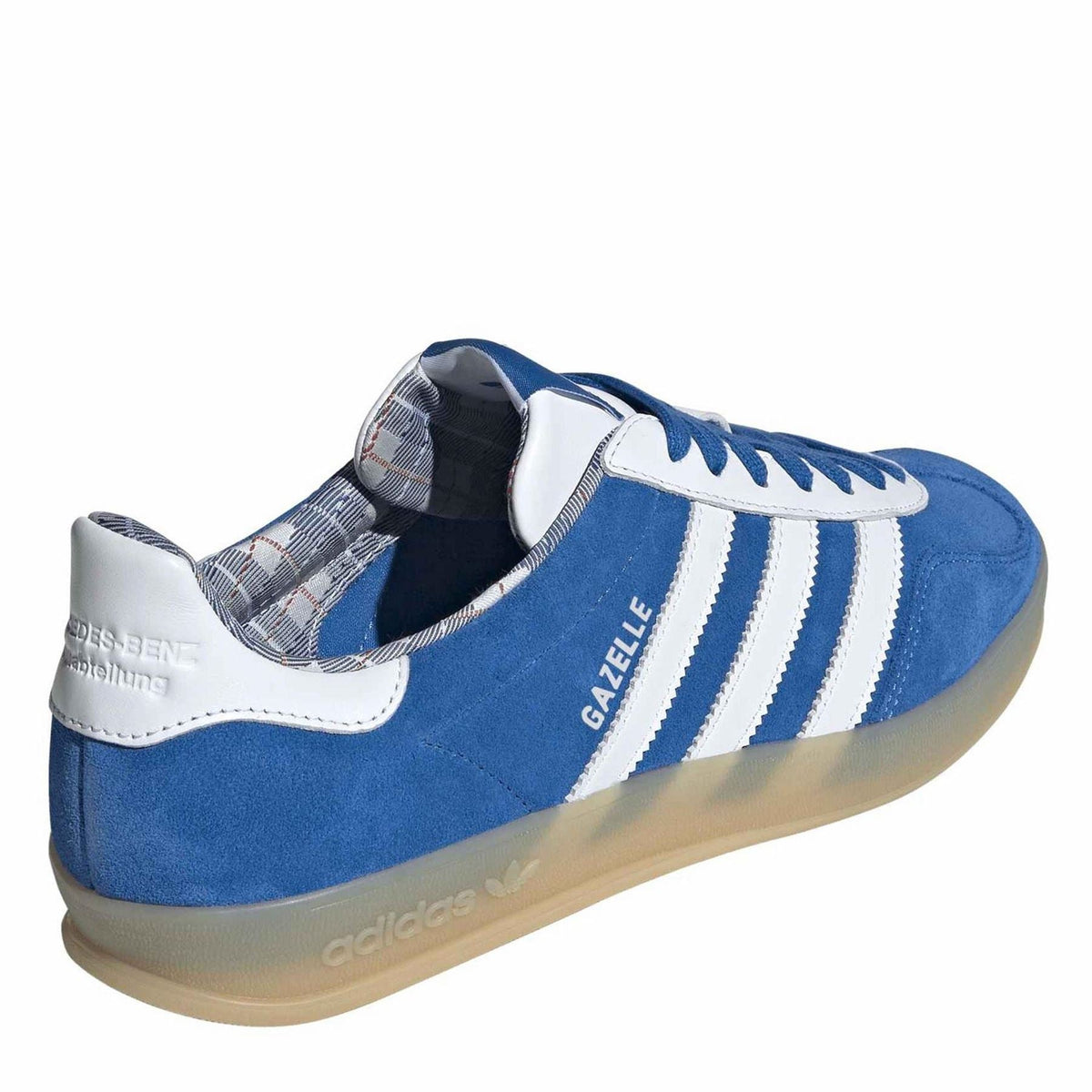 adidas Originals Gazelle low-top canvas sneakers, blue with white stripes, rear heel tab.