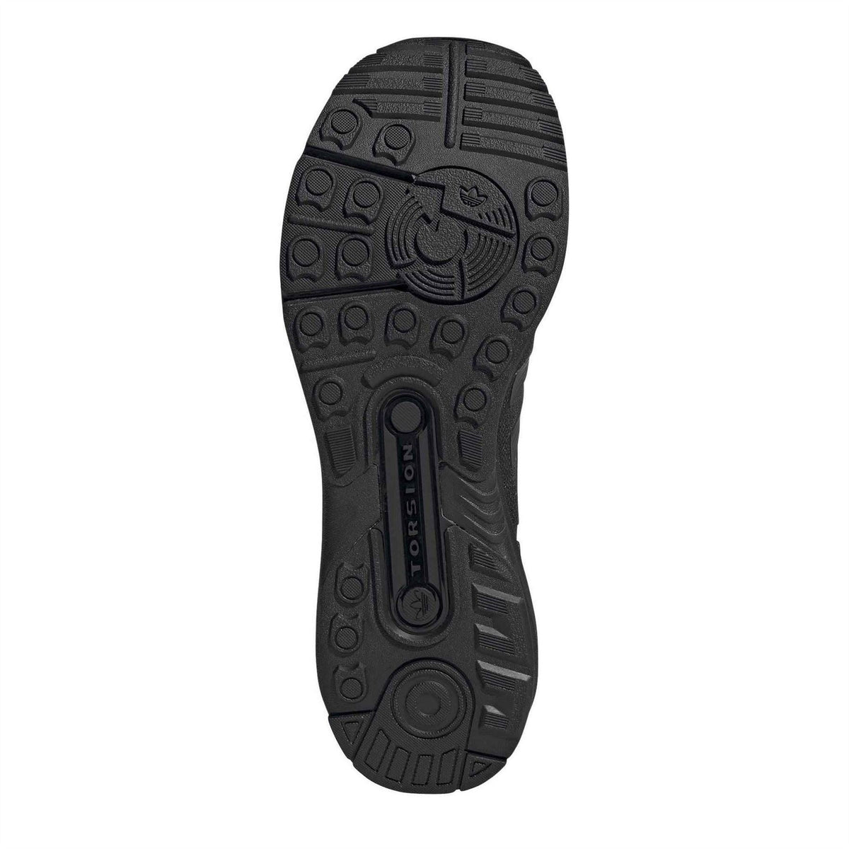Black outsole bottom view with traction pattern and molded logo details