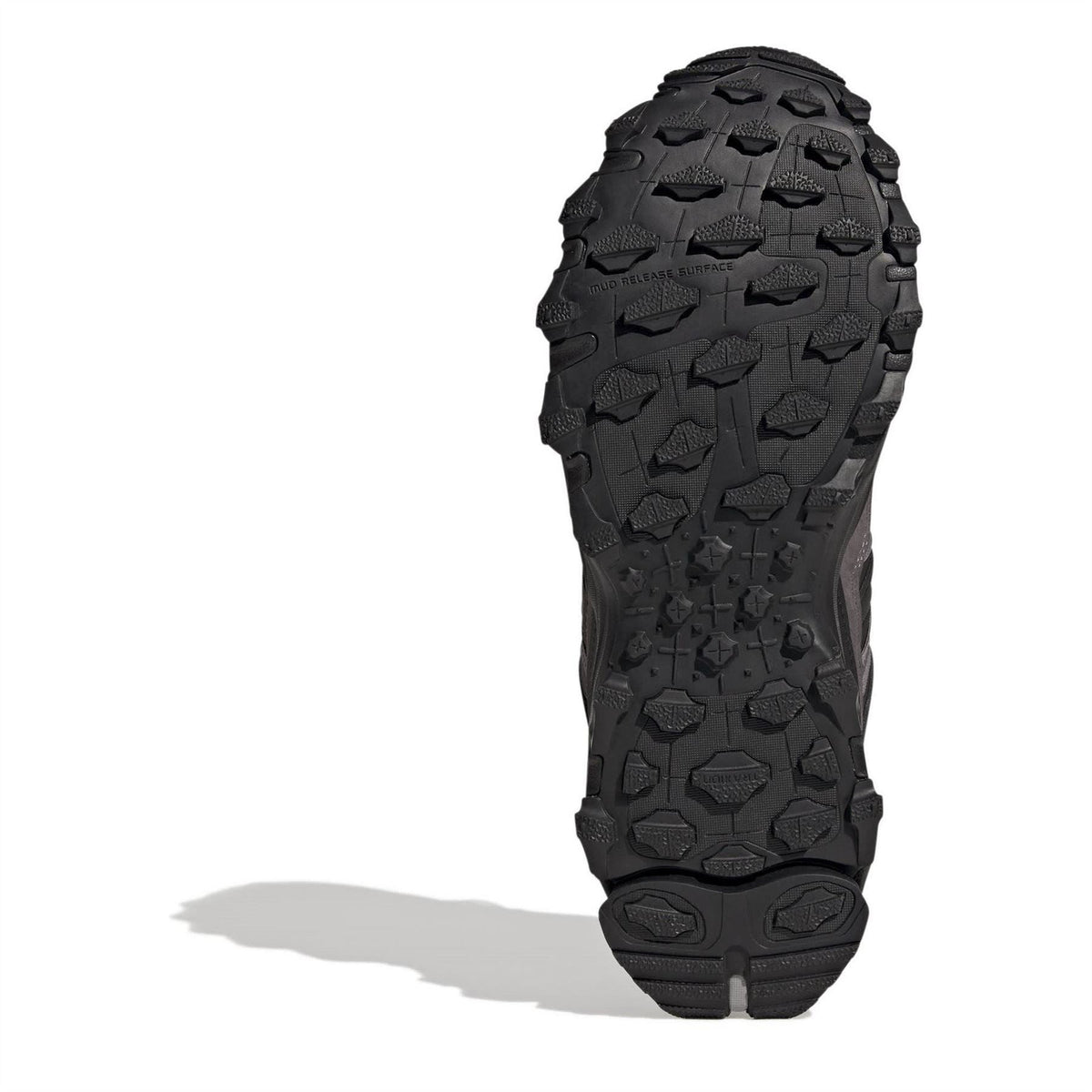 Black adidas sneaker outsole with deep traction pattern.