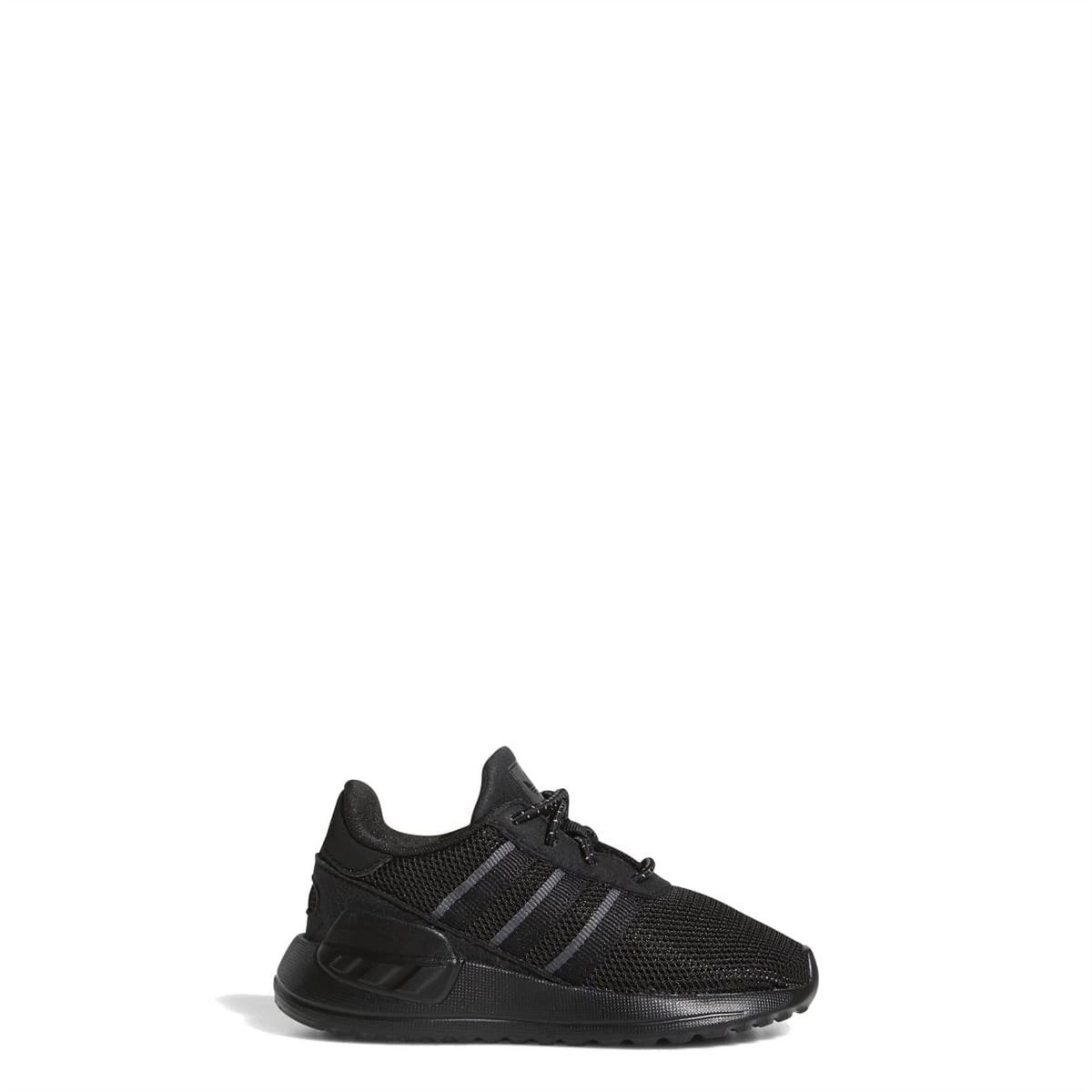 Infant lace-up trainers with black mesh upper and grey triple stripes