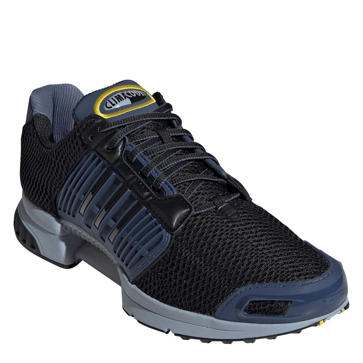 Climacool 1 sneaker with lace-up black mesh, blue panels, and yellow “CLIMACOOL” tongue tag