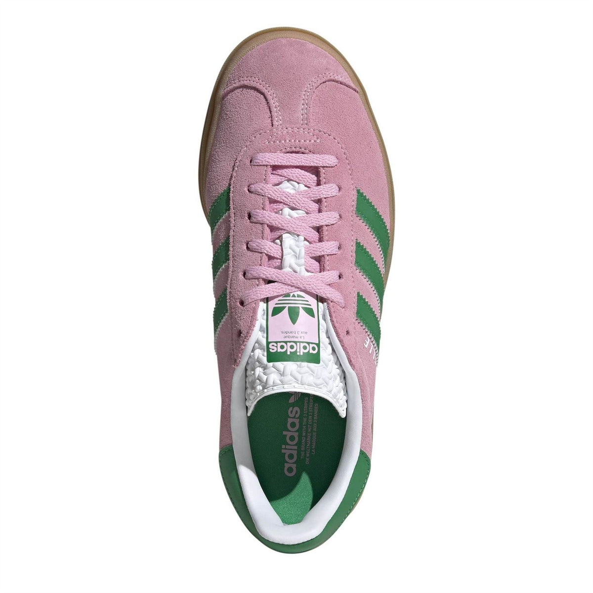 Top view of pink adidas Gazelle Bold trainer with green collar lining and laces