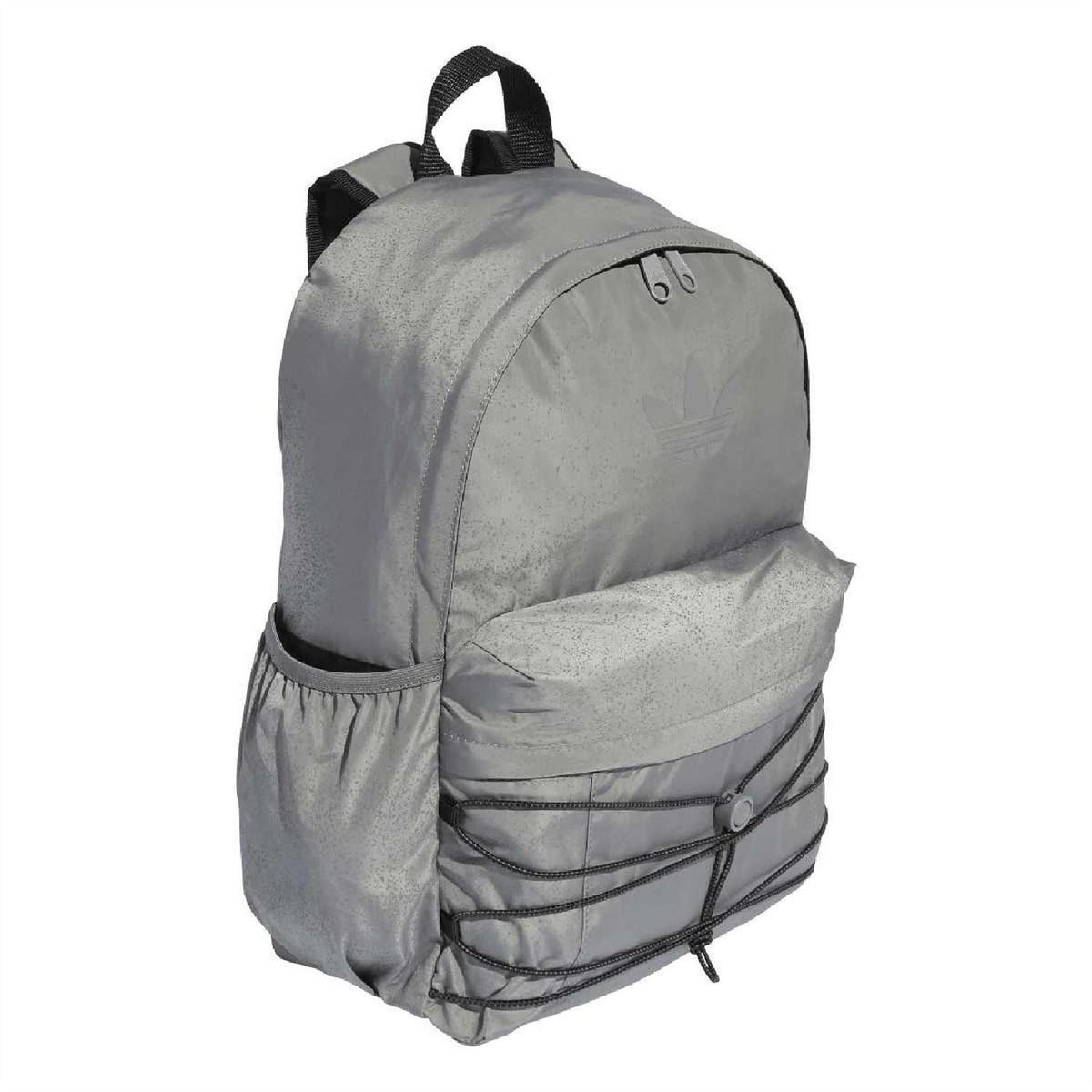Reflective silver-gray backpack side with dual top buckles and front bungee cords