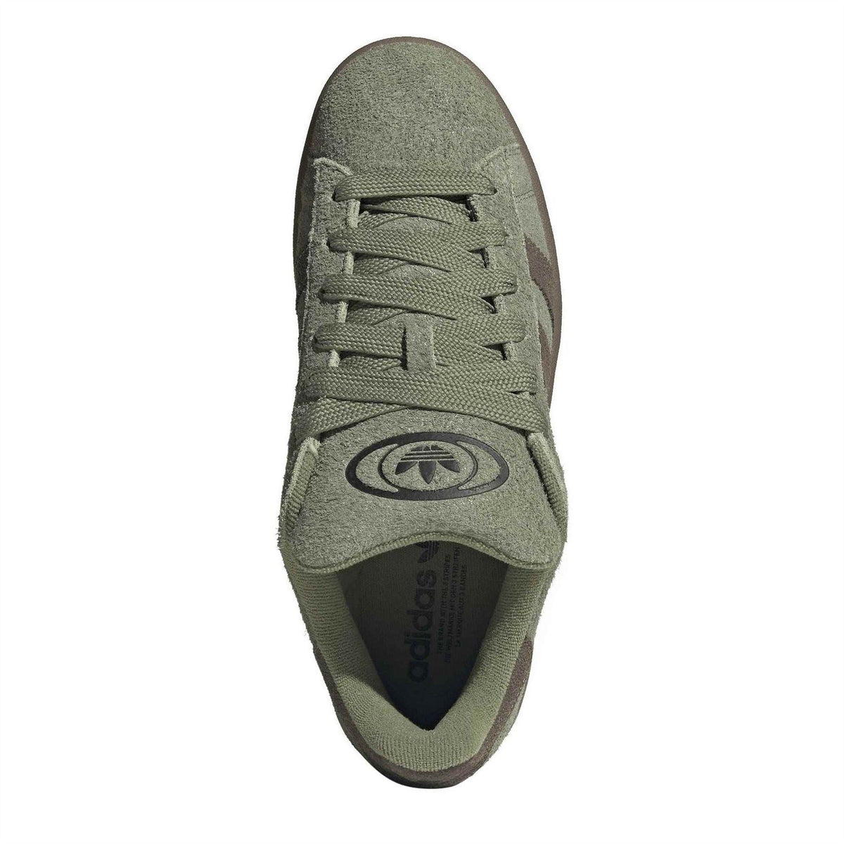 adidas Originals suede campus sneakers, olive green front with lace-up and tongue Trefoil