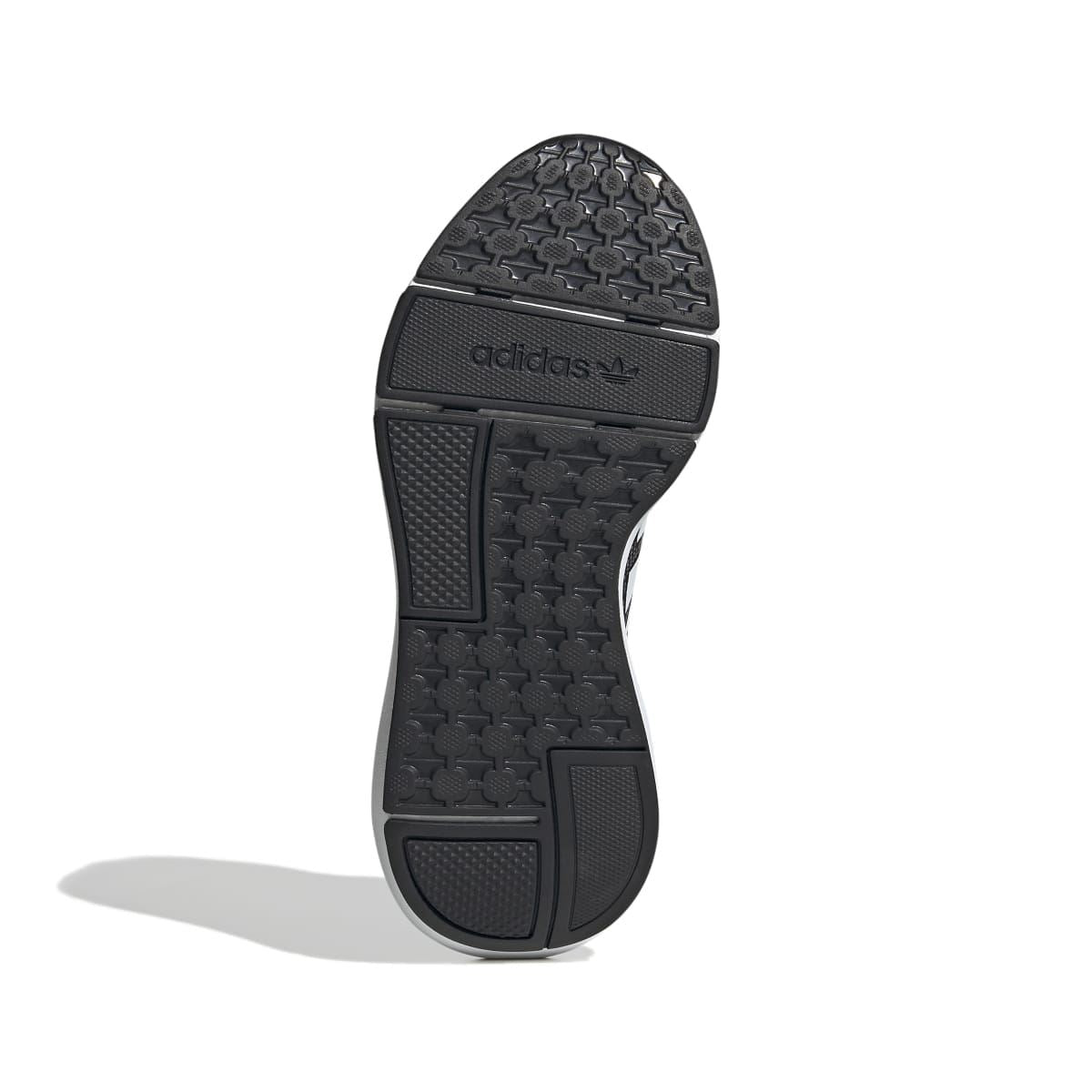 Junior adidas Swift Run 22 trainers outsole view, dark tread rubber sole with adidas mark.