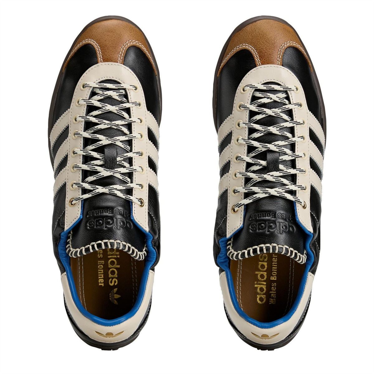 adidas Originals Wales Bonner Karintha sneakers, lace-up front view with tan, black, and blue accents