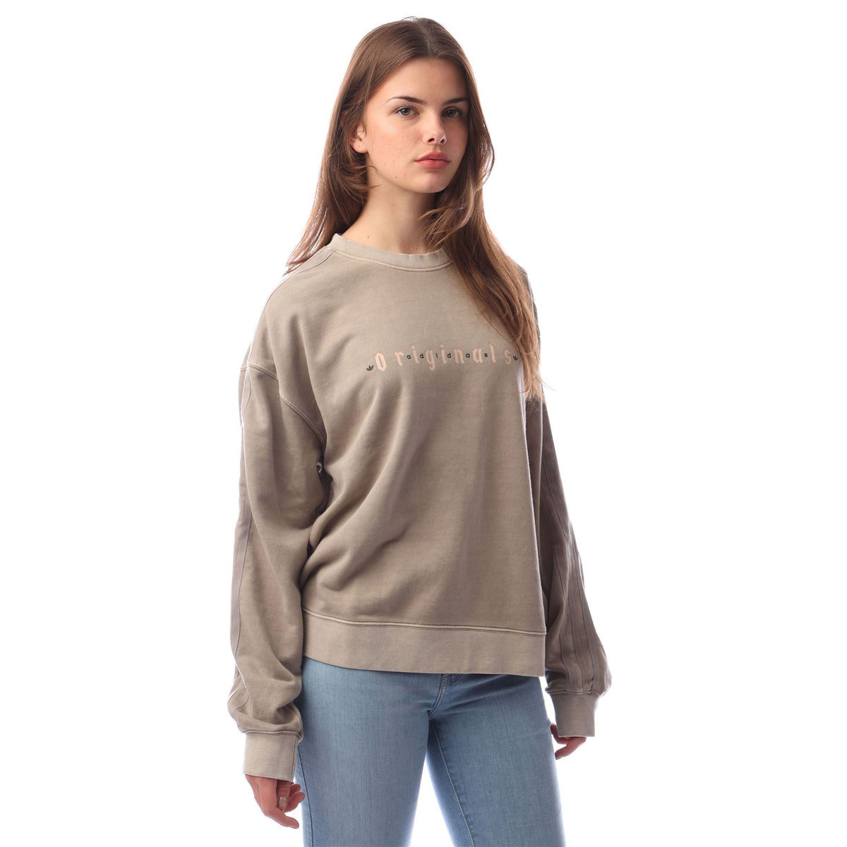 Taupe crewneck sweatshirt with 'Originals' graphic on chest, long sleeves