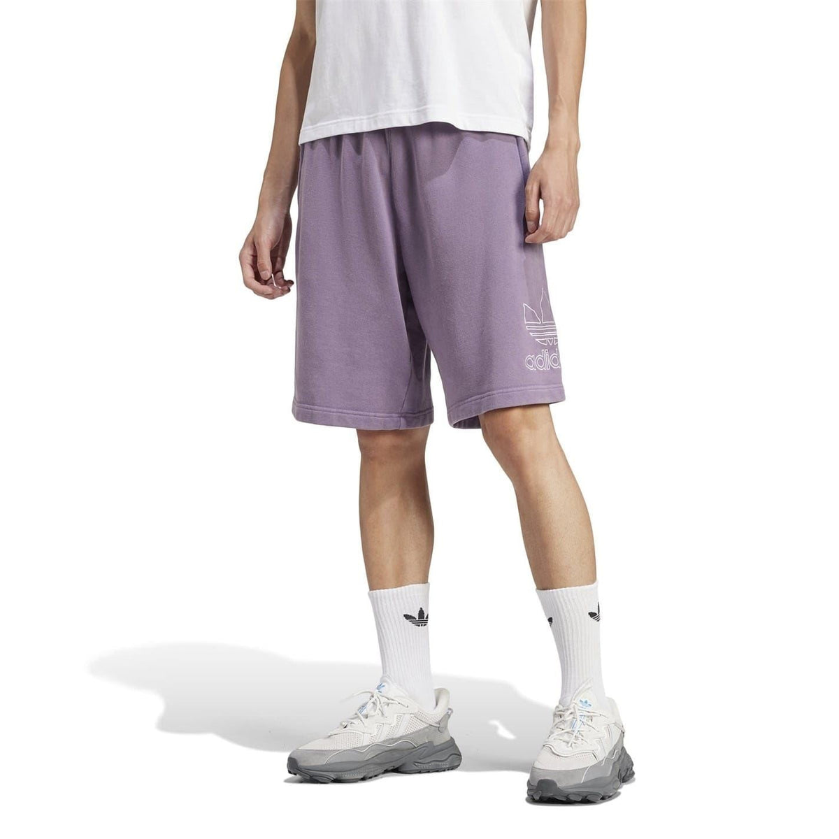 Purple adidas bermuda sweat shorts, side trefoil outline logo and relaxed fit