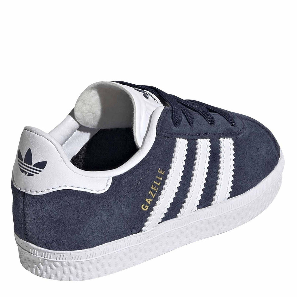 Navy infants Gazel sneakers, heel and side view with white adidas logo and stripes