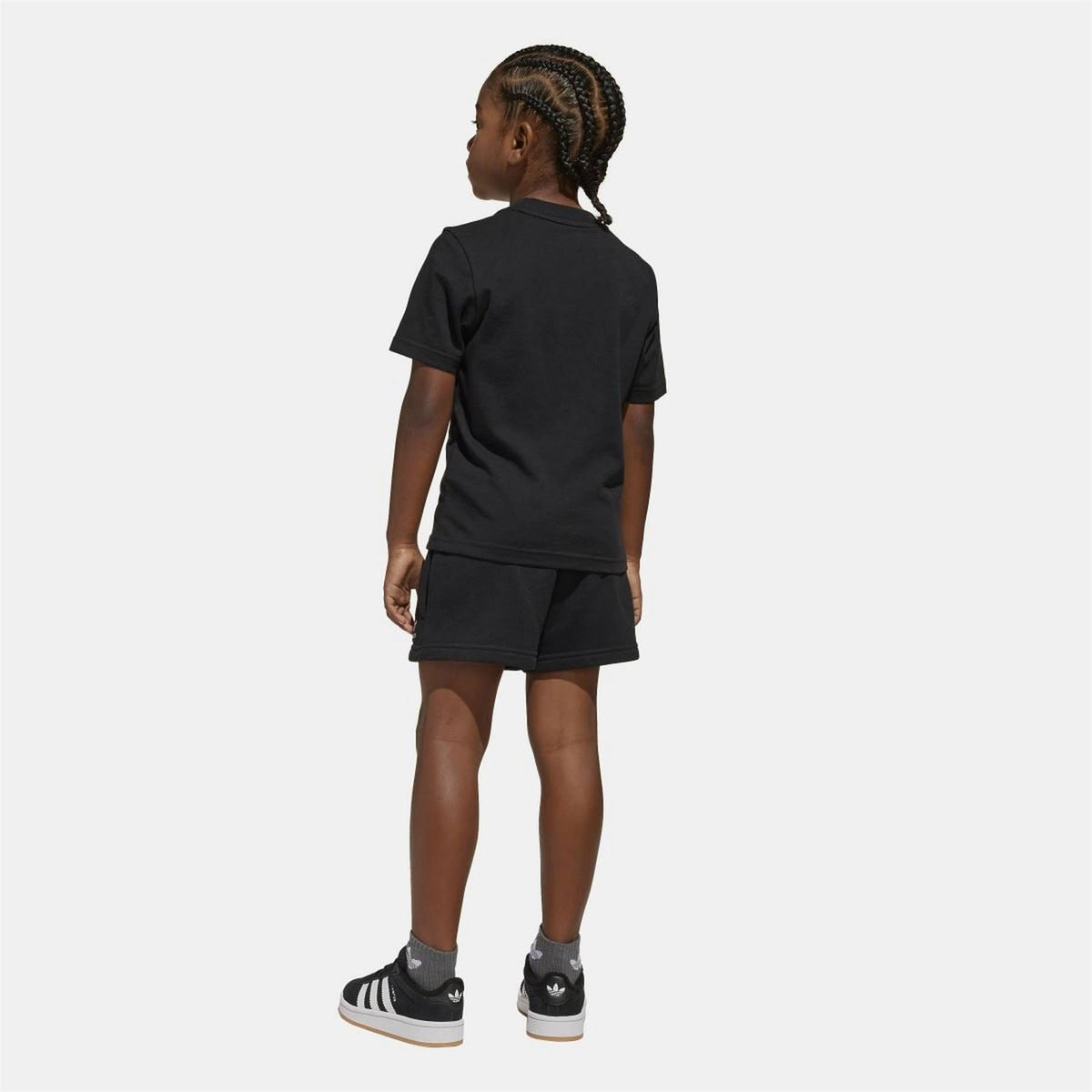 Black kids T-shirt and shorts set from back, short sleeves, straight hem