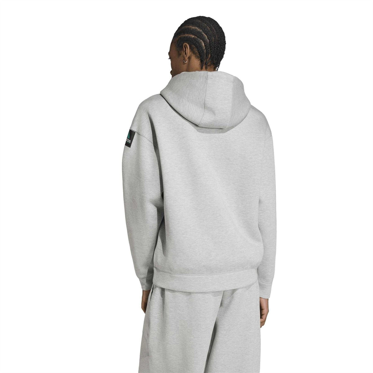 Grey heather zip-up hooded jacket, back view with drawstring hood and full zipper