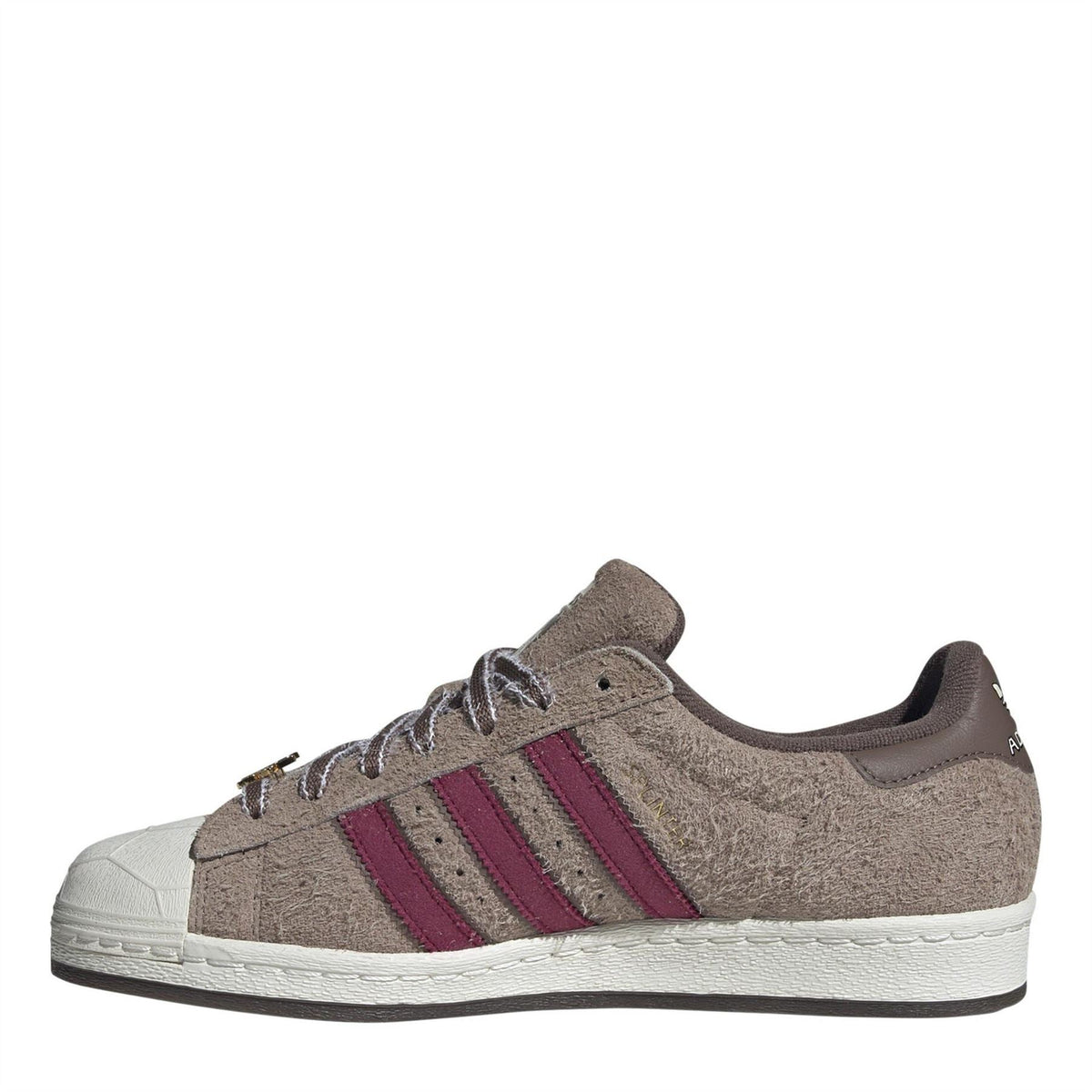 adidas Originals low-top sneakers with taupe suede, maroon triple stripes, and white midsole