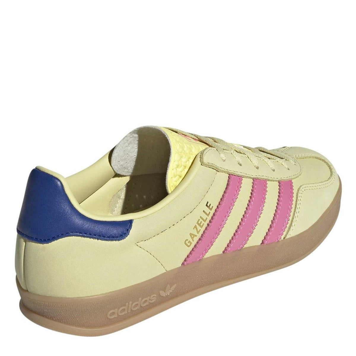 adidas Gazelle low-top sneakers, light yellow upper with blue padded heel and pink stripes