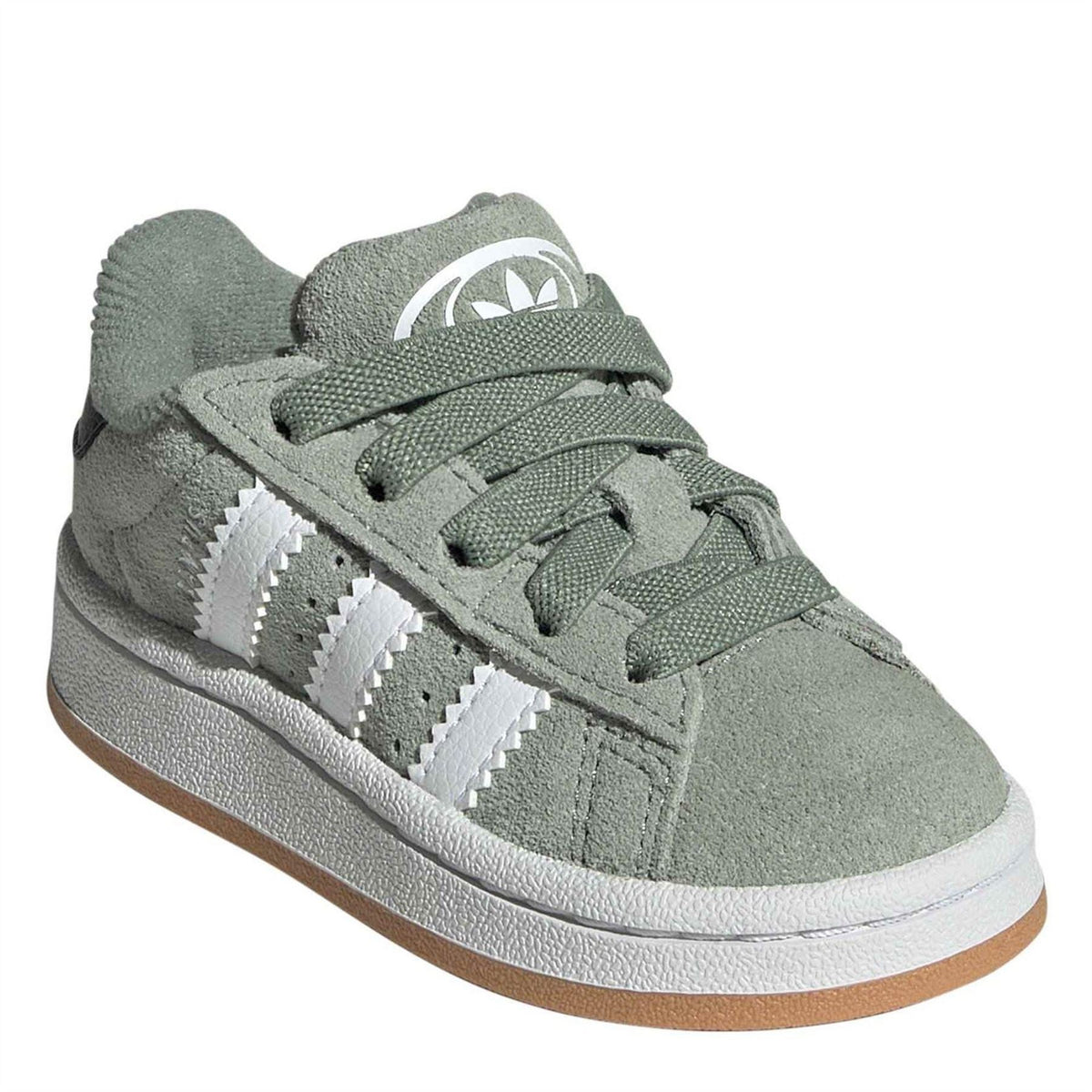 Infant crib sneakers, sage green with white stripes, lace-up closure, and cushioned padded collar