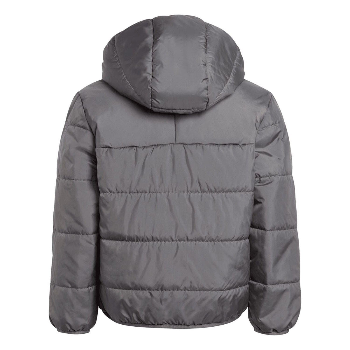 Grey padded hooded jacket for kids, back view with layered quilted panels