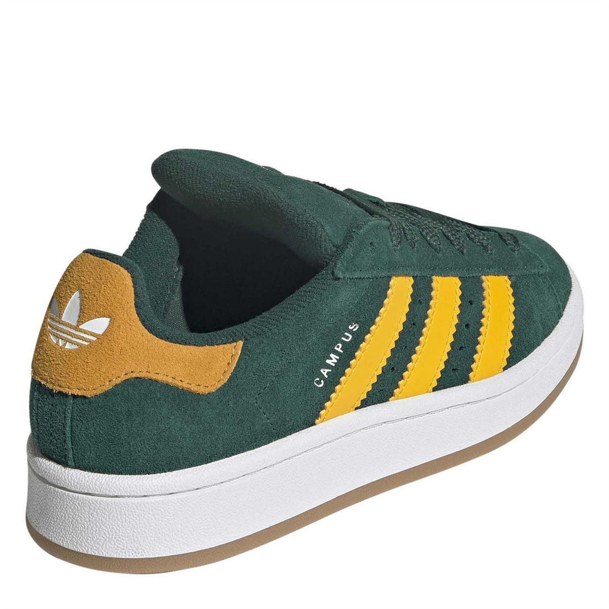 Green Campus sneakers from the back with yellow heel panel and white rubber sole