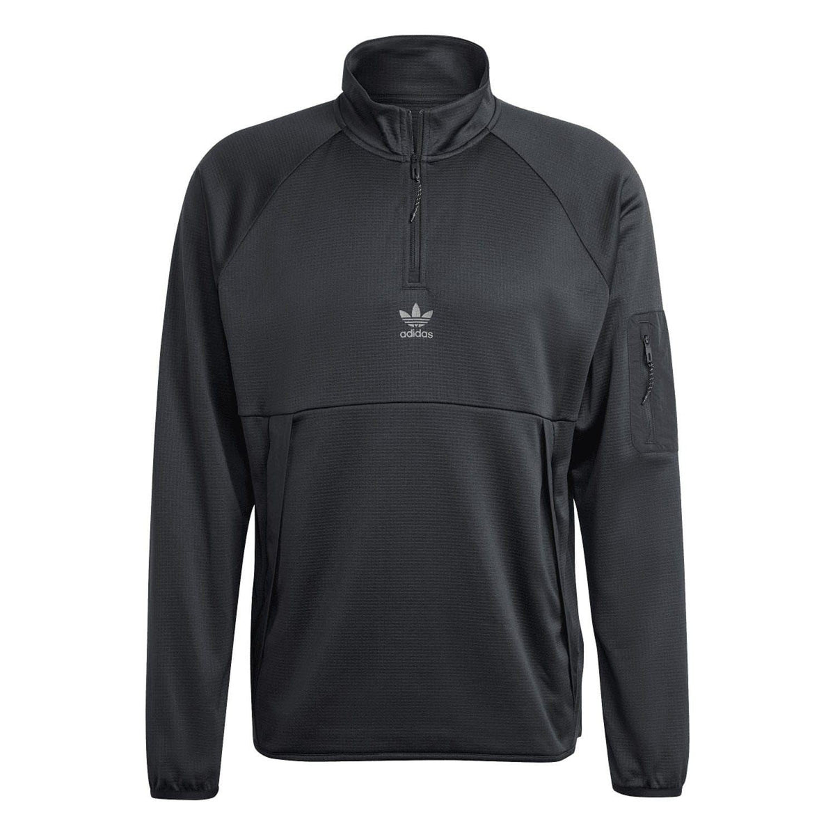 Black quarter-zip pullover top with adidas logo and zip-up neck