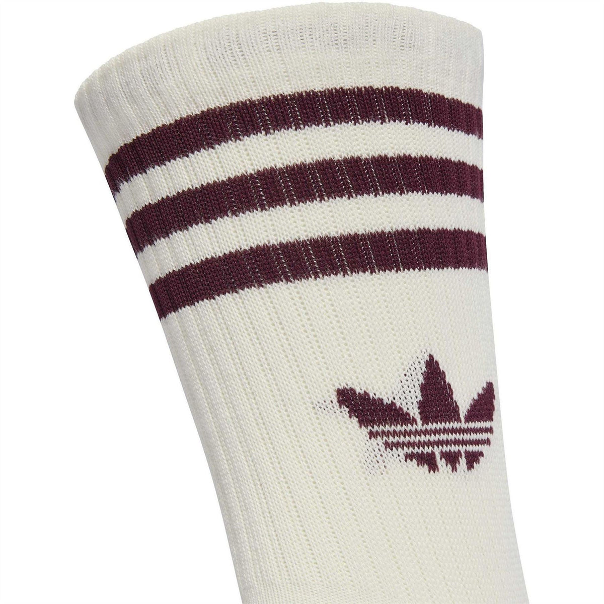 White crew sock with burgundy striped cuff and small adidas logo on side