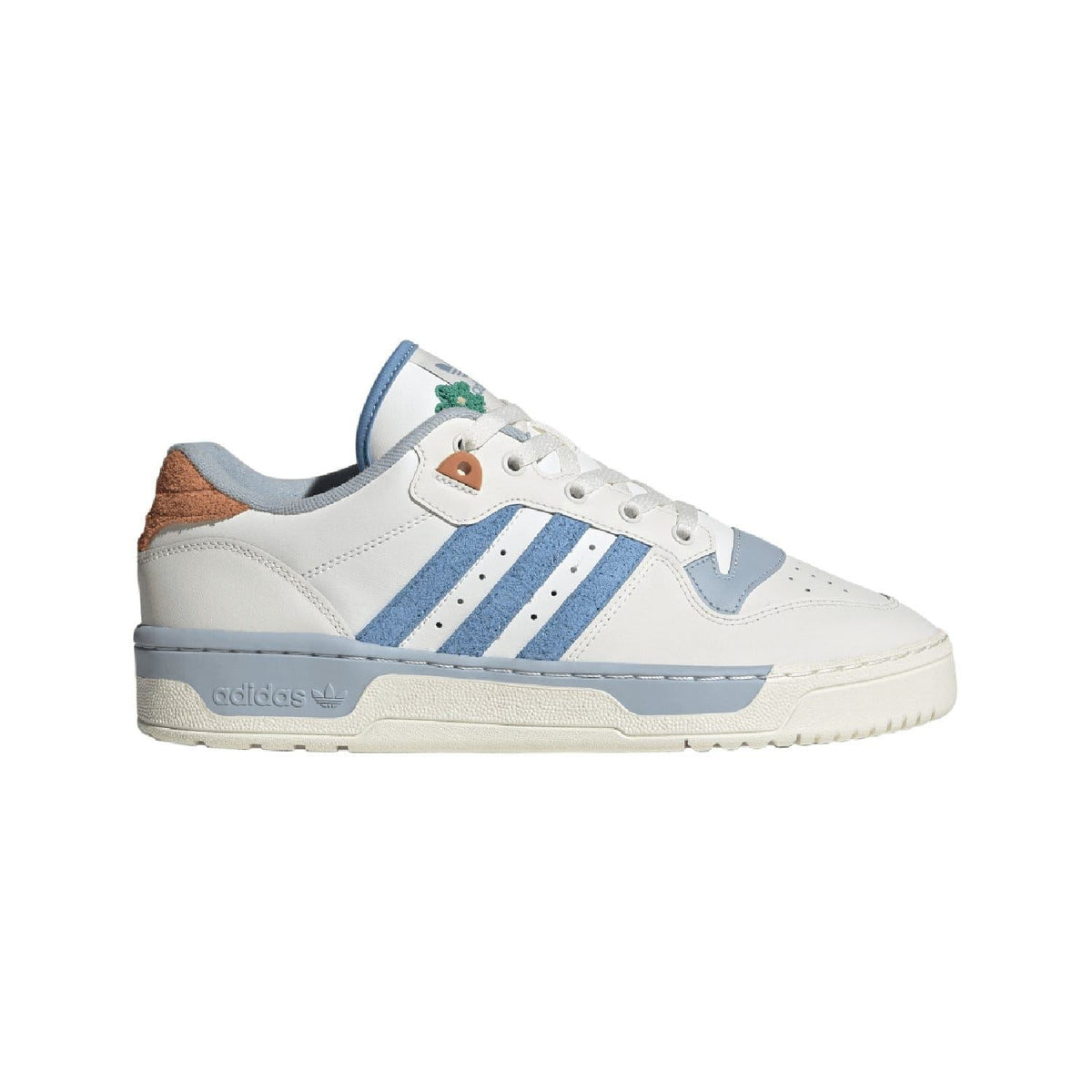 White low-top lace-up trainers with blue stripes and light blue panels