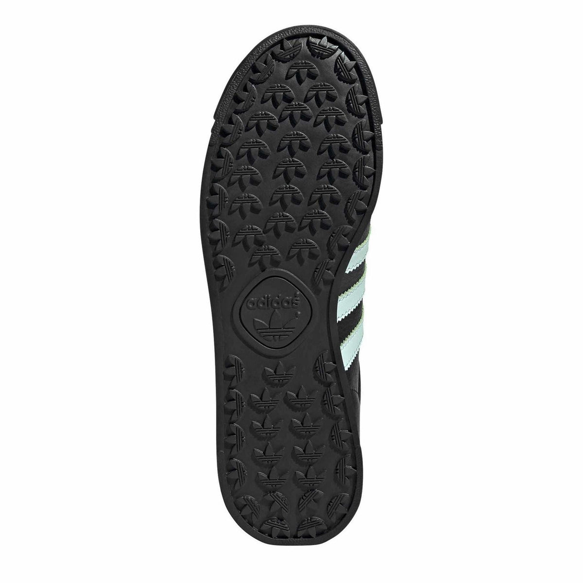 Black sneaker outsole with raised adidas logo and patterned tread