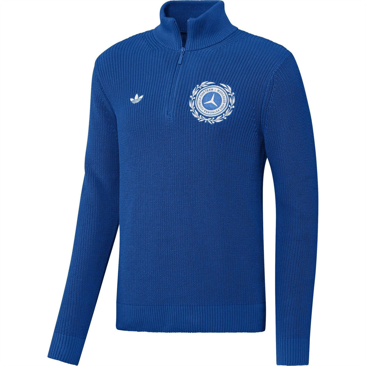 Blue knit funnel-neck half-zip sweater with adidas Originals logo patch on chest