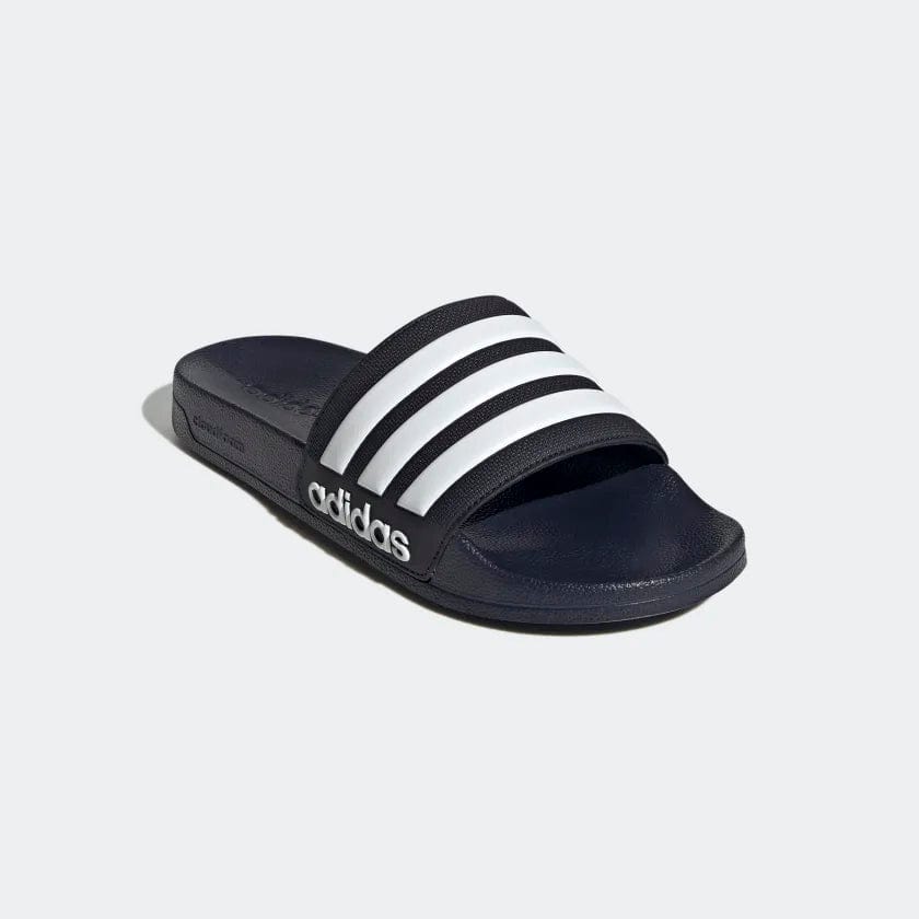 Navy shower slide sandals with three white stripes and adidas logo on the strap