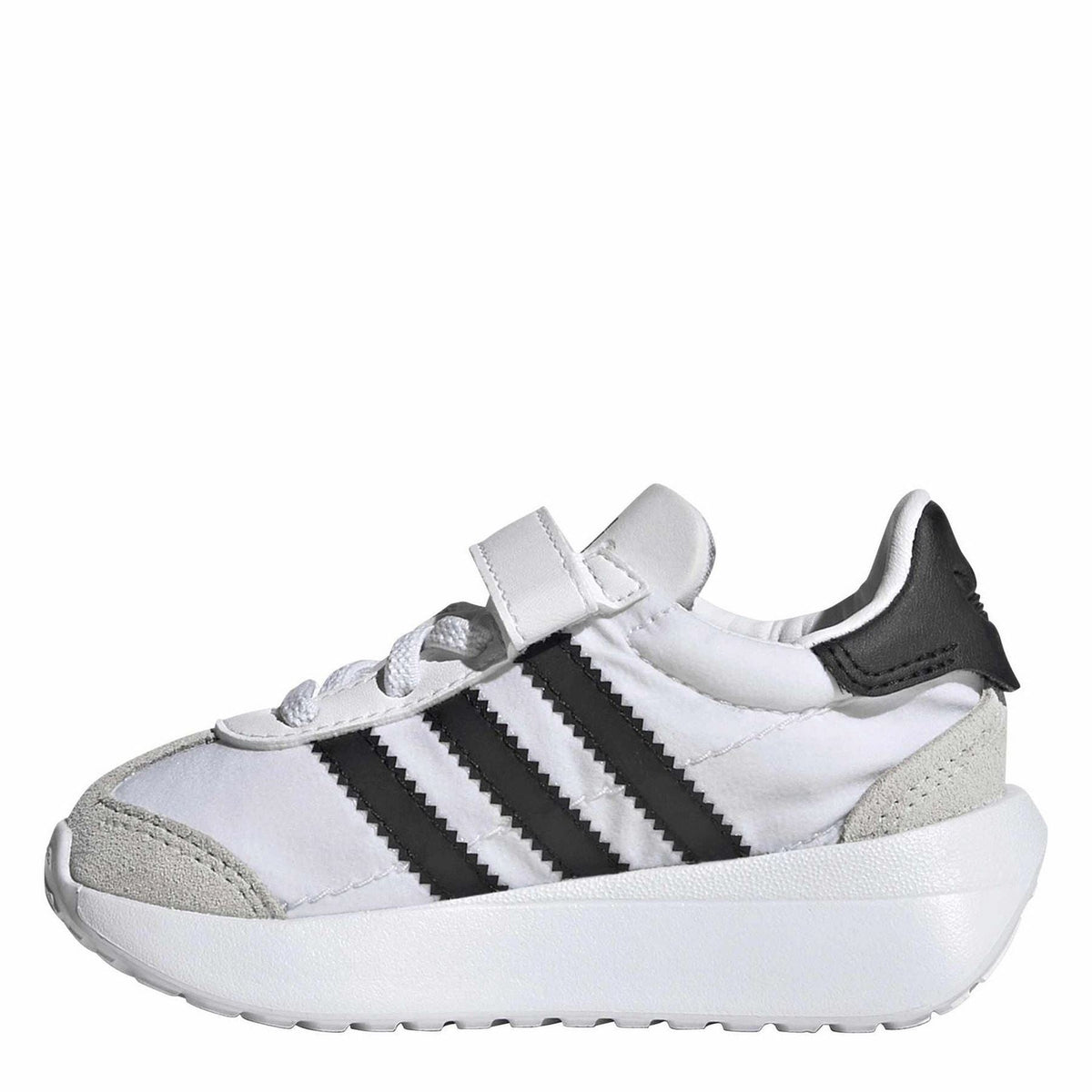 White and grey juniors sneakers with black three stripes and hook-and-loop strap