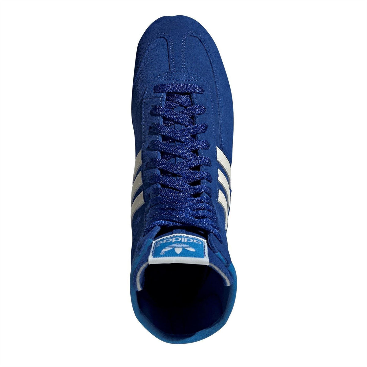 Blue sneaker top view with lace-up pattern and Adidas logo on tongue label