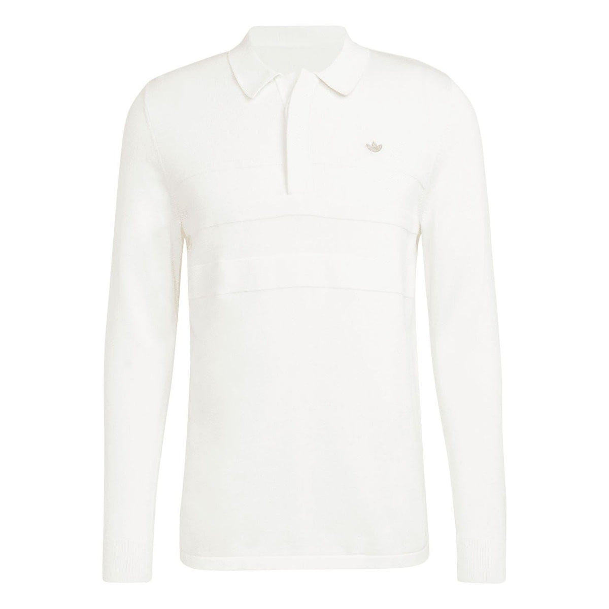 Off-white long-sleeve polo shirt with button placket and small chest logo detail