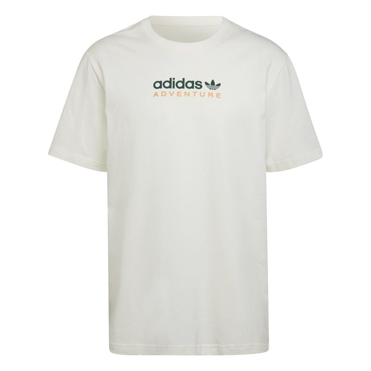 Off-white crew-neck adidas Adventure T-shirt with short sleeves and front logo graphic