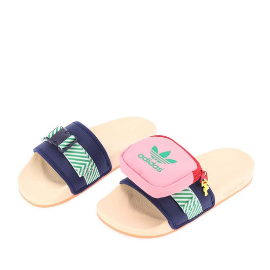 adidas Originals slide sandals with white straps and black soles, casual footwear for comfortable everyday wear