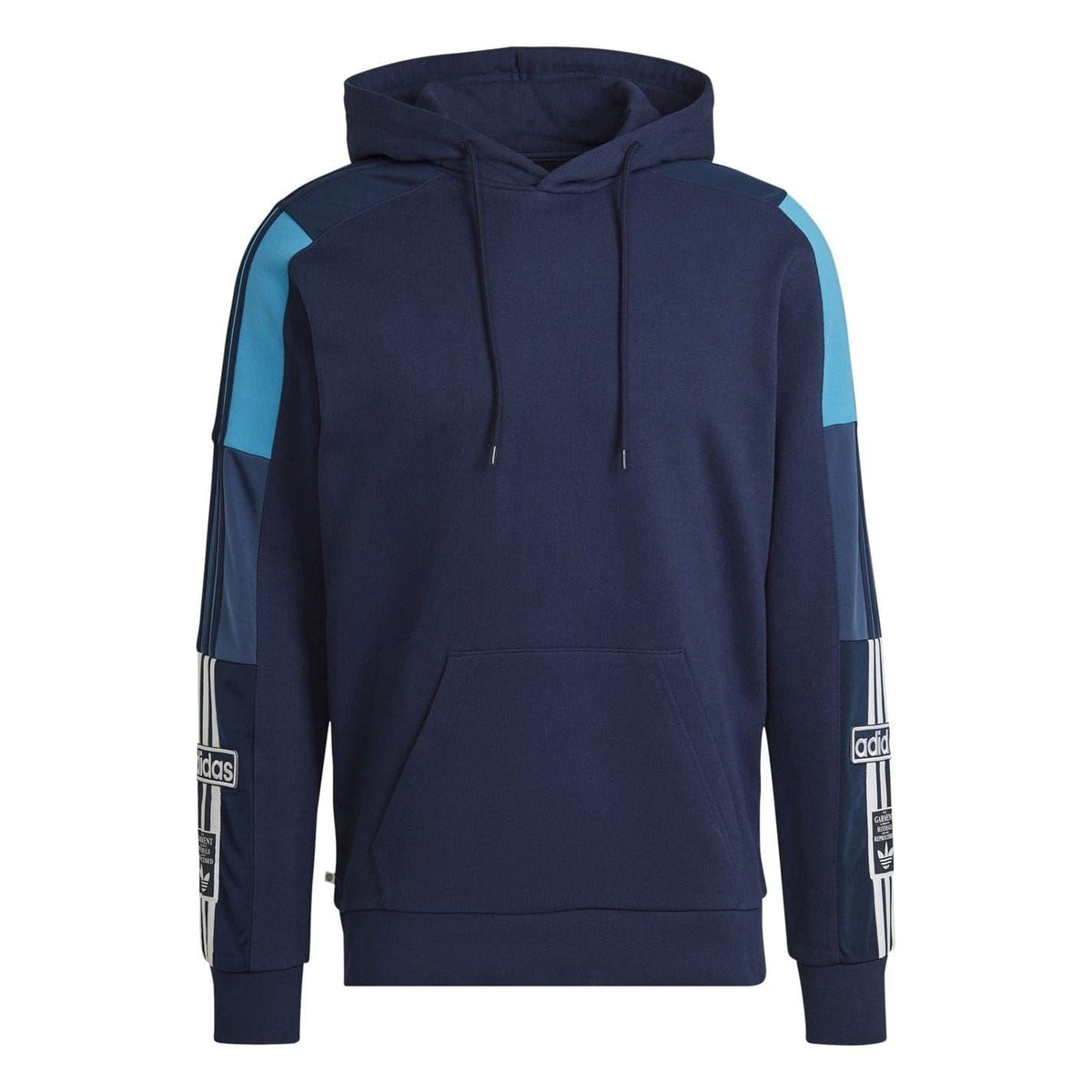 Navy hooded sweatshirt with drawstring, kangaroo pocket, and light-blue side stripe panels.