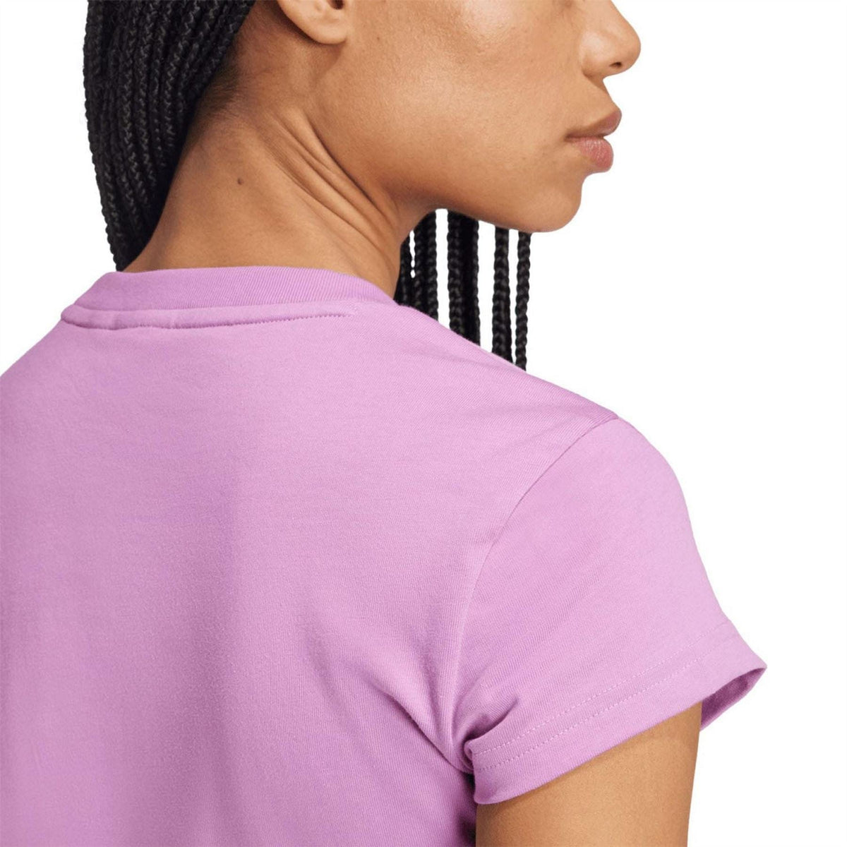 Purple T-shirt showing back shoulder and crew neckline, plain fabric