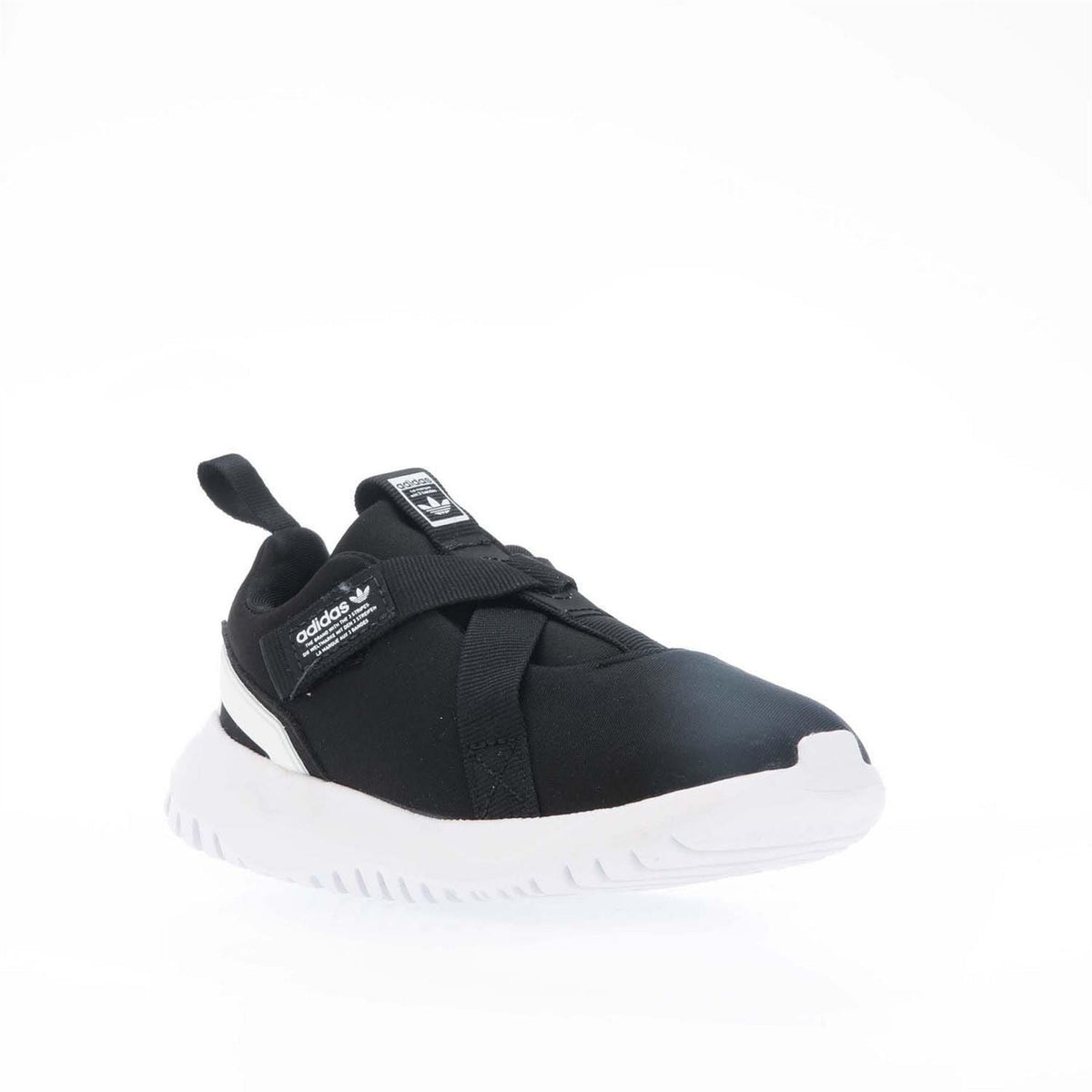 Black and white trainers with hook-and-loop strap and white outsole