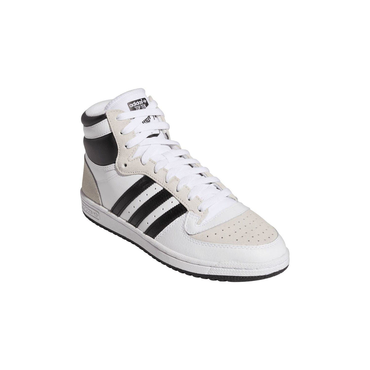 White high-top trainers with black ankle panel, lace-up design, and rubber sole