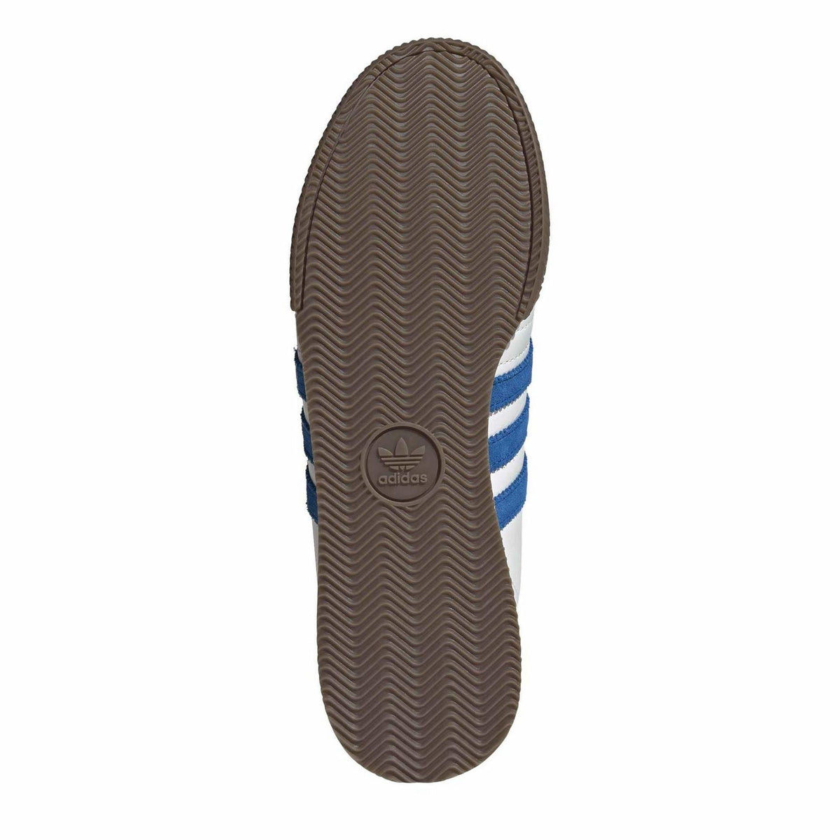 adidas Samba 62 outsole view, textured brown rubber tread with blue stripe at heel
