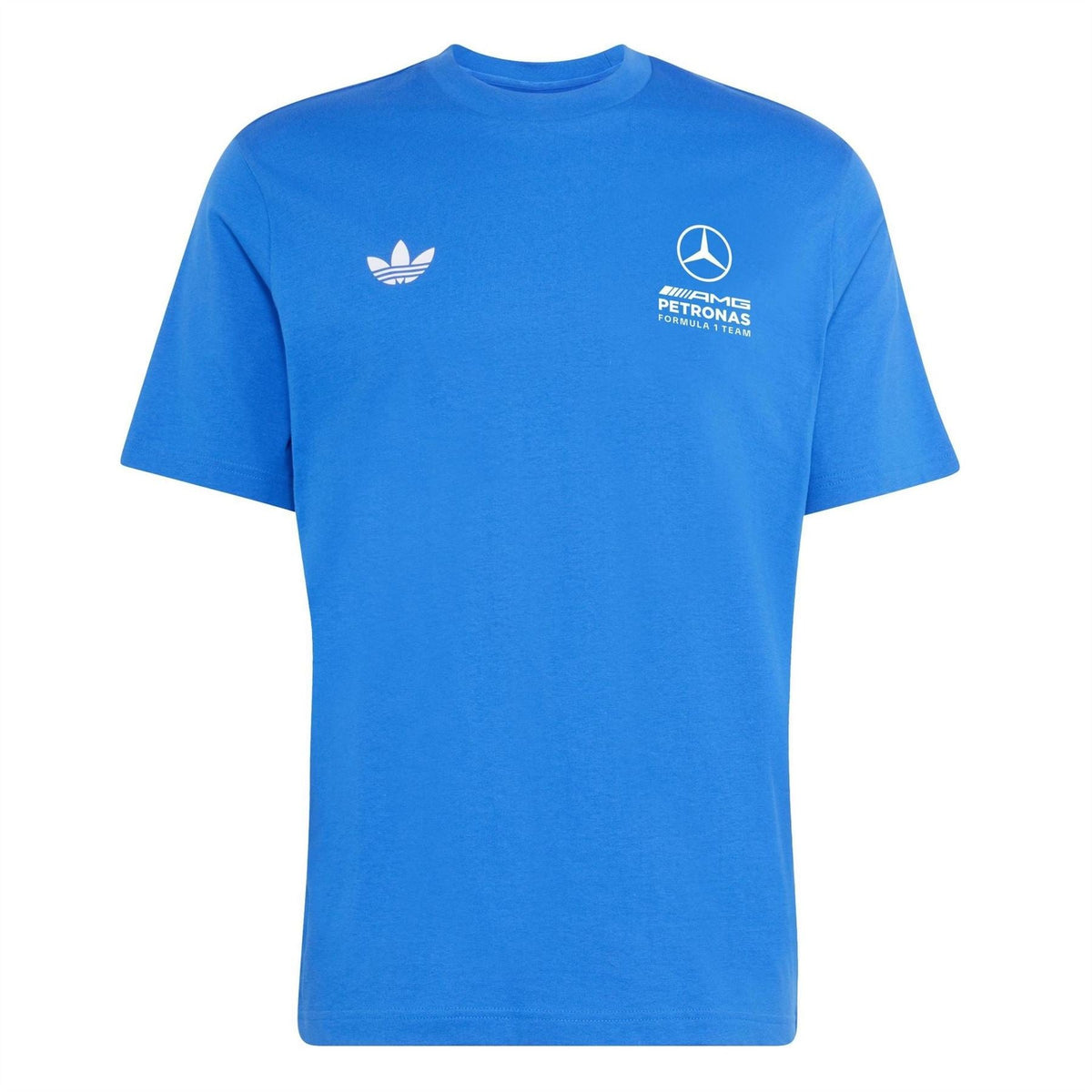 adidas Originals blue crew-neck T-shirt with Adidas trefoil and Mercedes Petronas logo