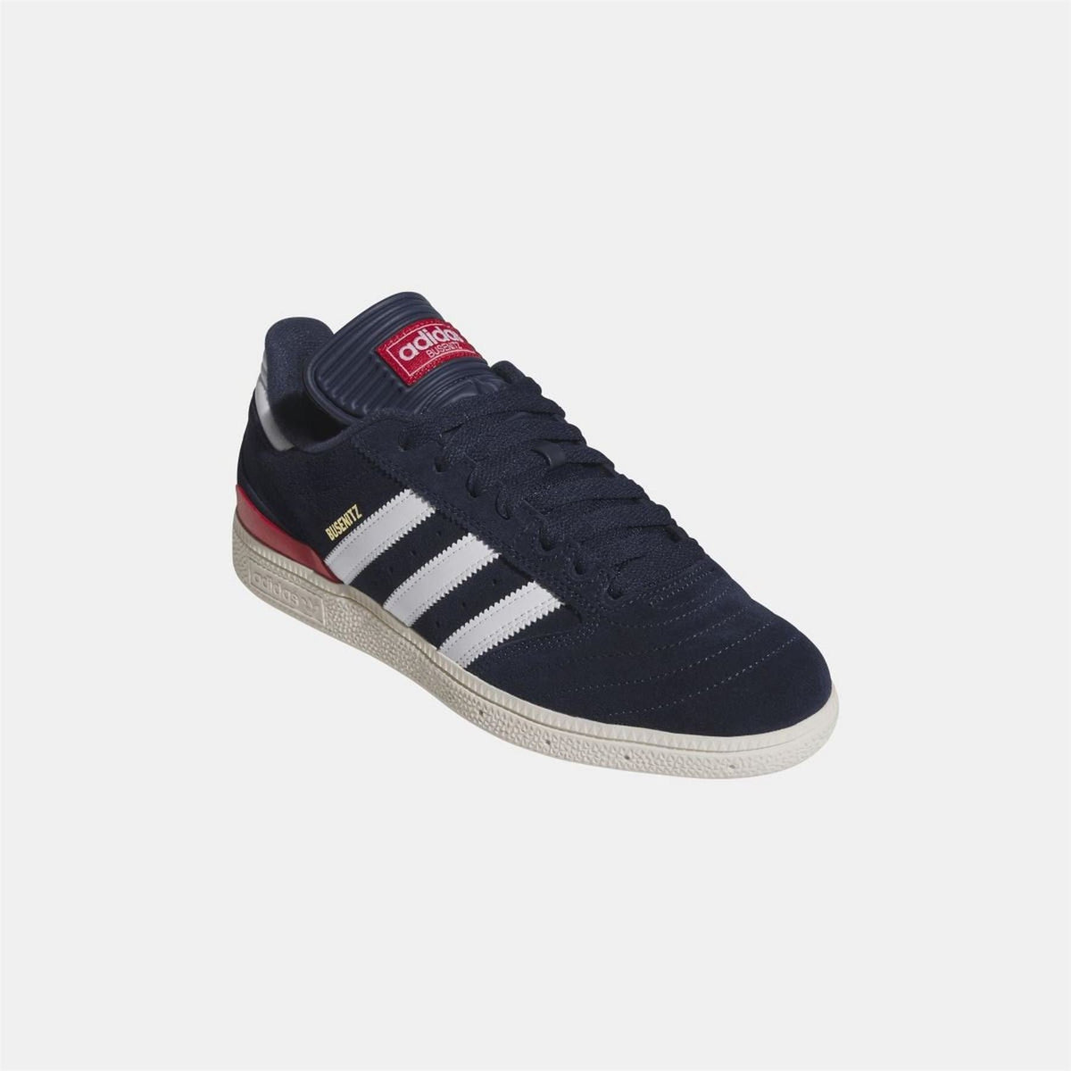 Navy adidas Originals sneaker, angled side view with red heel accent and white stripes