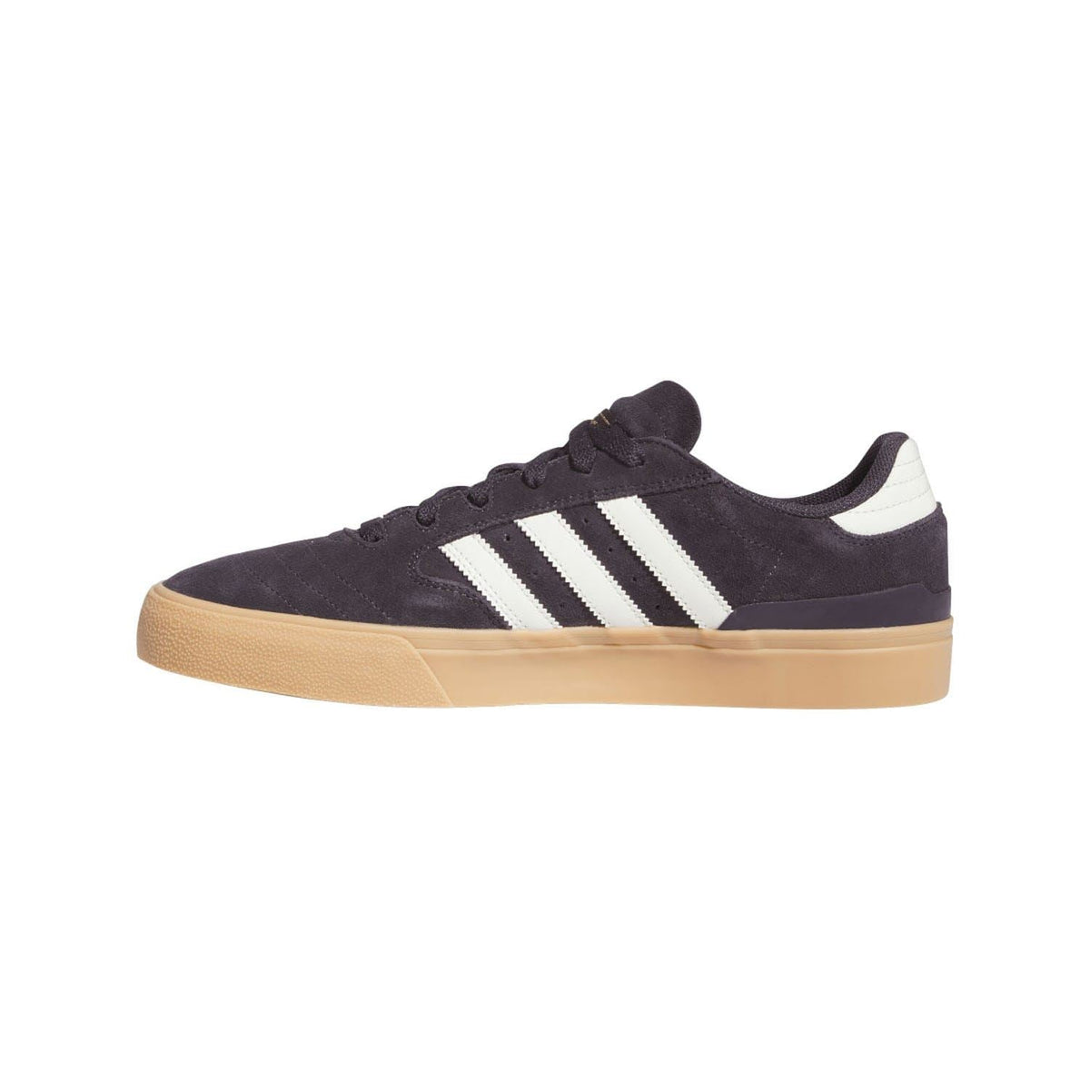 Dark skate trainers with three white side stripes, lace-up front, gum sole