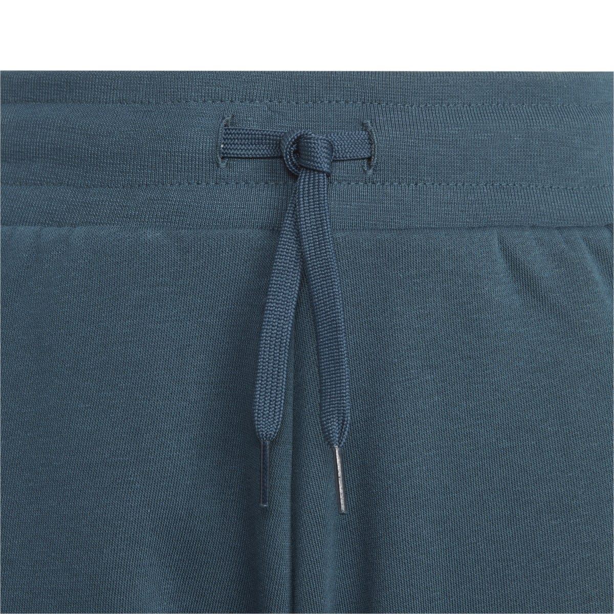 Blue elastic waistband with adjustable drawstring cords and tie ends