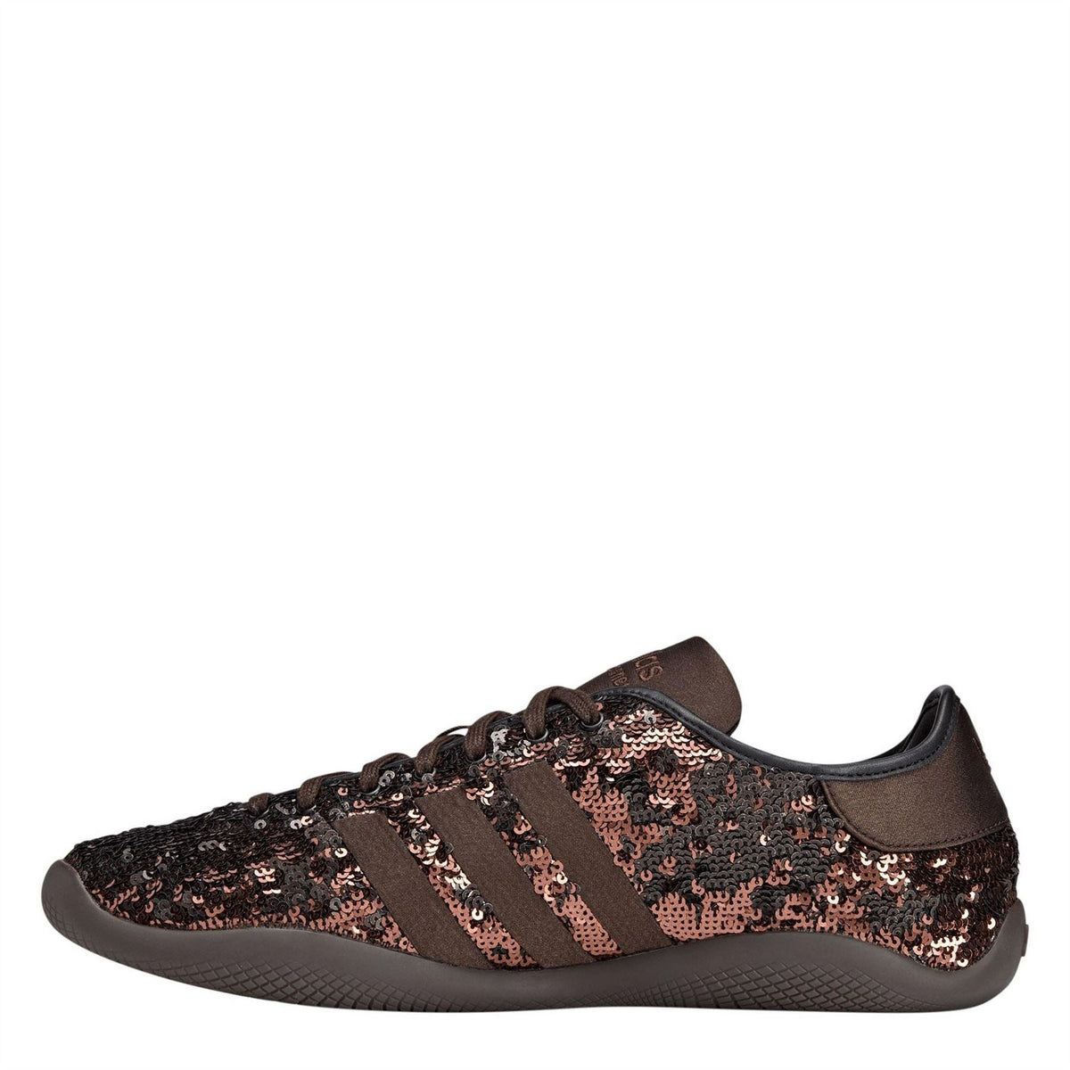 Low-top sequin sneaker side view with dark copper sparkle finish and lace-up closure