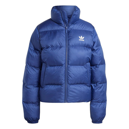 adidas Originals dark blue puffer jacket with full zip and hood, front logo